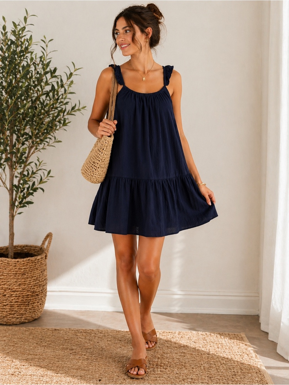 Boden Navy Blue Tiered Ruffle Strap Dress Size US 12L